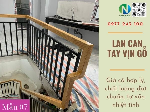 Thi công lan can cầu thang sắt tay vịn gỗ